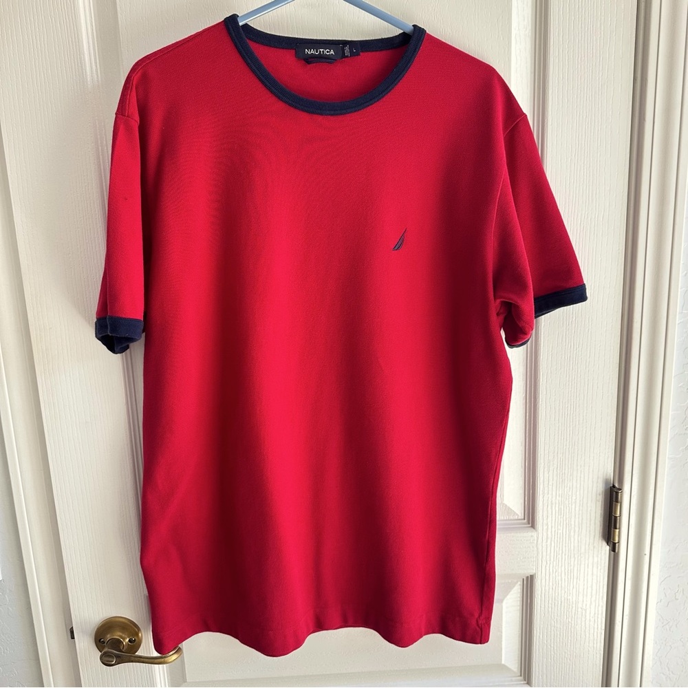 Nautica Tee Shirt Top Short Sleeves Crewneck Red with Navy Trim Size L